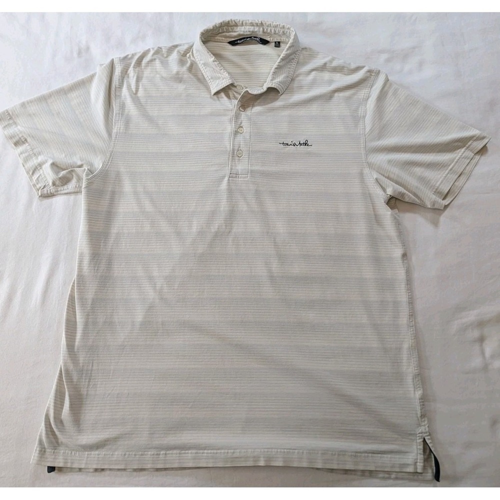 TravisMathew Polo Shirt Mens XL White‎ Gray Fine Stripe Short Sleeve Pima Cotton